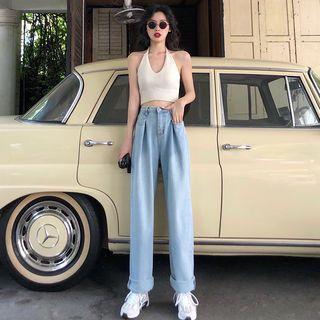 Halter-neck Crop Top / High-waist Wide-leg Jeans