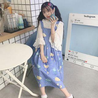 Ruffle Trim Elbow-sleeve Chiffon Top / Printed Midi A-line Pinafore Dress