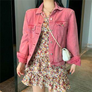 Puff-sleeve Floral Print A-line Dress / Denim Jacket