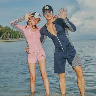 Couple Matching: Striped Panel Rashguard Jacket + Swim Shorts