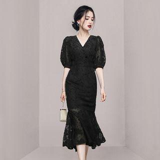 Puff-sleeve Lace Midi Mermaid Dress