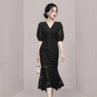 Puff-sleeve Lace Midi Mermaid Dress