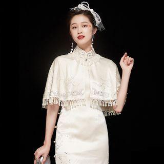 Set: Short-sleeve Embroidered Midi Qipao + Fringe Cape