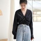 Lantern Sleeve V-neck Blouse Black - One Size