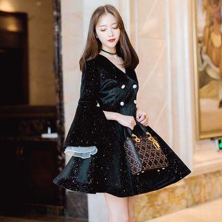 Long-sleeve Double Breasted A-line Mini Velvet Dress