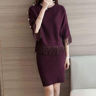 Set: Fringed Knit Top + Skirt