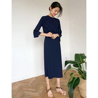 Set: 3/4-sleeve Ribbed Knit Top + Long Skirt