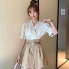 Short-sleeve Eyelet Lace Buttoned Blouse / Wide-leg Dress Shorts