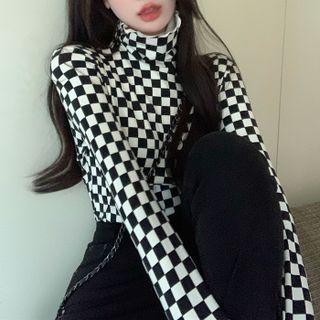 Turtleneck Checkerboard T-shirt Black & White - One Size