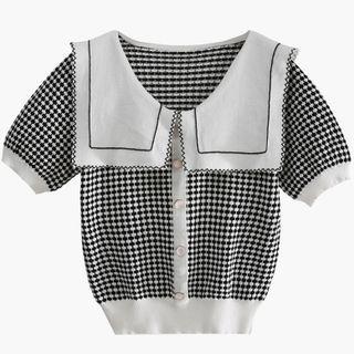 Short-sleeve Peter Pan-collar Panel Plaid Knit Top Black - M