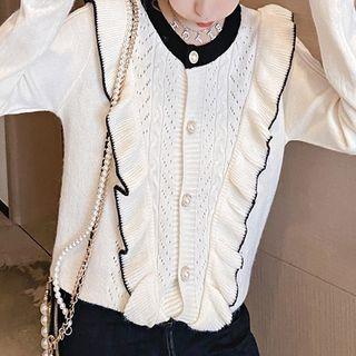 Ruffle Trim Pointelle Knit Cardigan