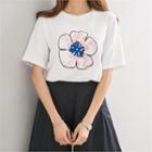 Round-neck Sequined-flower T-shirt