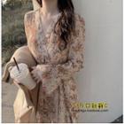 Long-sleeve Floral Print Short A-line Dress Nude - One Size