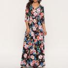 3/4-sleeve Floral Print Maxi A-line Dress