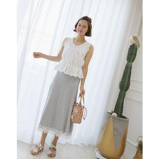 High-waist Lace-hem Long Skirt
