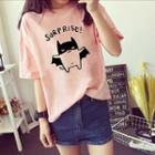 Cartoon Print Short-sleeve T-shirt Letters - White - L