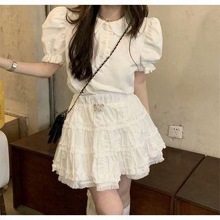 Puff-sleeve Ruffle Shirt / Mini A-line Skirt