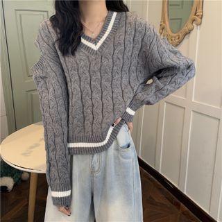 V-neck Cutout Sleeve Cable Knit Sweater