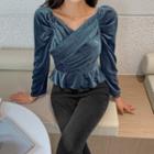 Surplice-neck Velvet Peplum Top