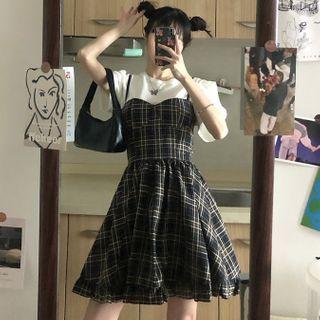 Puff-sleeve T-shirt / Plaid Mini A-line Pinafore Dress