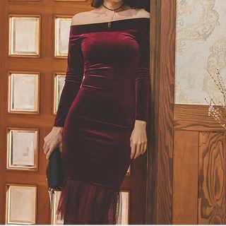 Off-shoulder Mesh Panel Sheath Dress