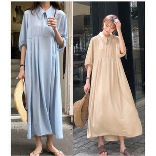 Elbow-sleeve Collared Midi Dress Blue - One Size
