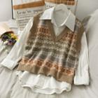 Ethnic-print Knit Vest Almond - One Size