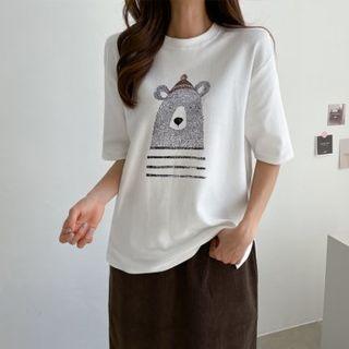 Elbow-sleeve Bear-illustrated T-shirt