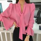 Scarf-neck Bell-cuff Crepe Blouse