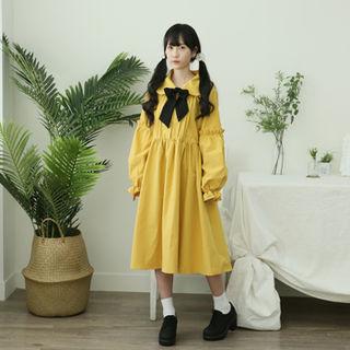 Balloon-sleeve Pintuck Shirtwaist Dress Yellow - One Size