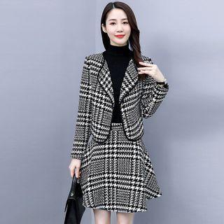 Set: Single-breasted Houndstooth Blazer + Mini A-line Skirt
