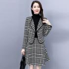 Set: Single-breasted Houndstooth Blazer + Mini A-line Skirt