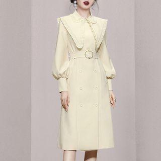 Bishop-sleeve Frill Trim Belted Midi A-line Shirtdress