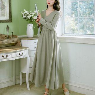 Drawstring-waist V-neck A-line Maxi Knit Dress