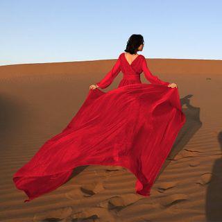 Long-sleeve V-neck A-line Midi Dress / Shawl / Set