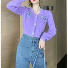Long-sleeve Knit Cardigan Purple - One Size