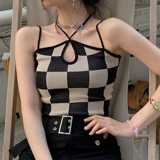 Checkered Strappy Camisole Top Camisole Top - Light Khaki & Black - One Size