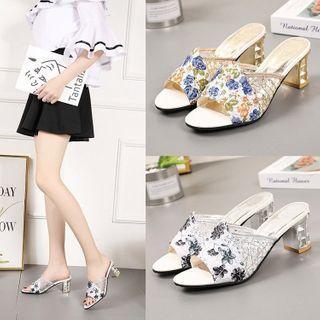 Block Heel Floral Print Mules