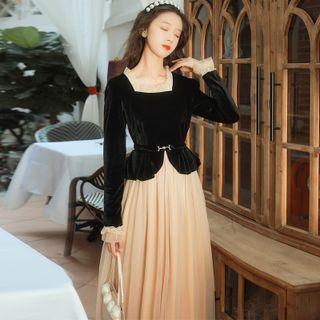 Mock Two-piece Long-sleeve Velvet Panel Mesh Midi A-line Dress