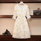Elbow Sleeve V-neck Floral Drawstring Waist A-line Dress
