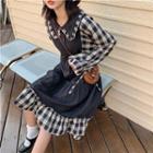 Mock Two-piece Bell-sleeve Midi Plaid Dress As Shown In Figure - One Size