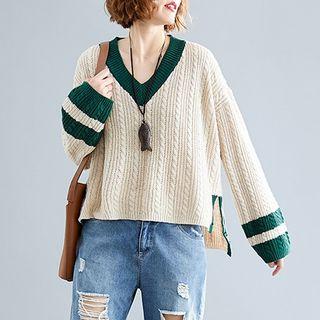 V-neck Contrast Trim Sweater As Shown In Figure - One Size
