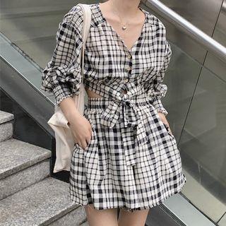 V-neck Plaid Long-sleeve Top / High-waist Plaid Wide-leg Shorts