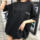 Glitter Letter Embroidered Elbow-sleeve T-shirt