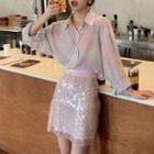 Long-sleeve Shirt / Sequined Mesh Mini Pencil Skirt