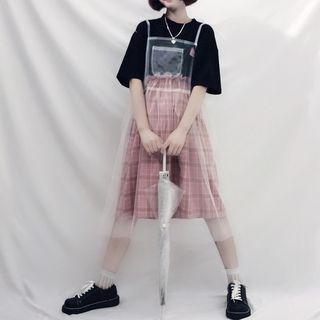 Spaghetti-strap Mesh Dress / Short-sleeve Mock Two-piece Plaid Dress