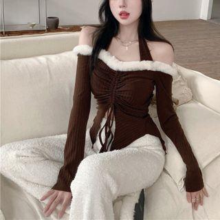Off-shoulder Fluffy Drawstring Knit Top Brown - One Size