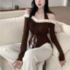 Off-shoulder Fluffy Drawstring Knit Top Brown - One Size