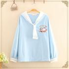 Sailor-collar Duck Embroidered Long-sleeve Top Blue - One Size