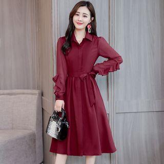 Long-sleeve Ruffle Trim Midi A-line Shirt Dress